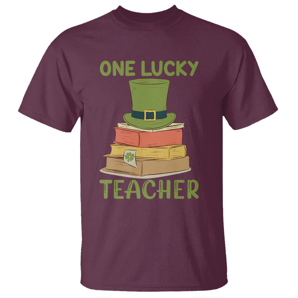 One Lucky Teacher St Patricks Day T Shirt Lepreachaun Hat with Books Reading TS02 Maroon Printyourwear