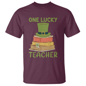 One Lucky Teacher St Patricks Day T Shirt Lepreachaun Hat with Books Reading TS02 Maroon Printyourwear