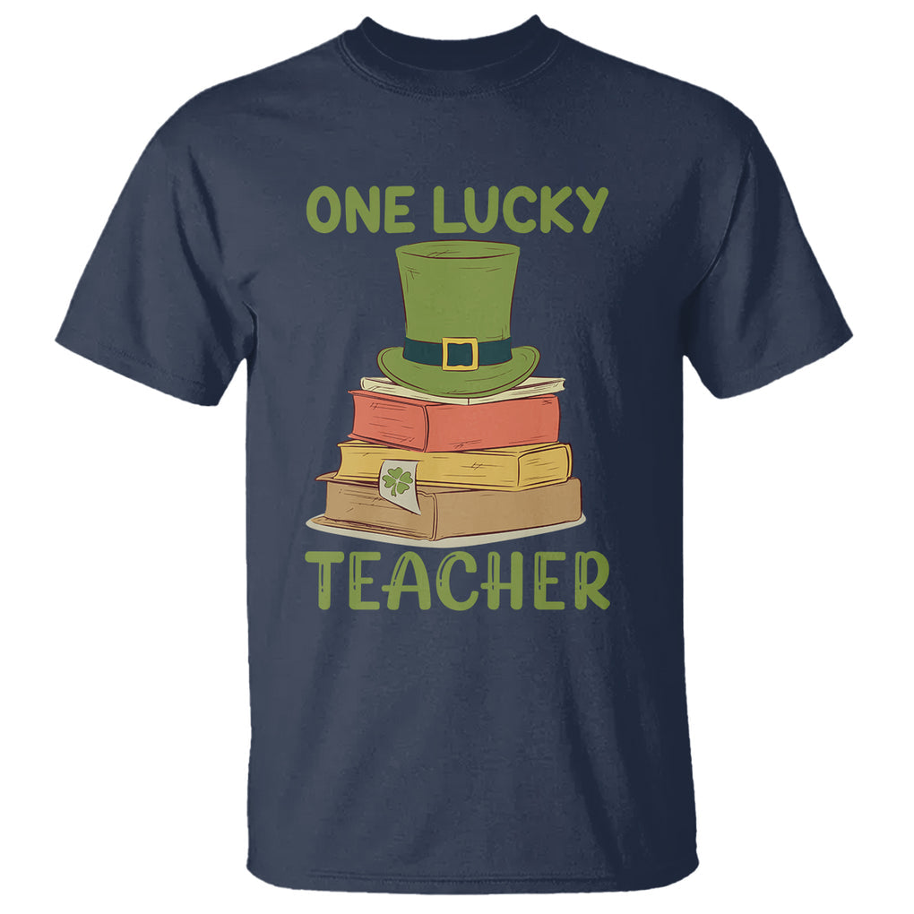 One Lucky Teacher St Patricks Day T Shirt Lepreachaun Hat with Books Reading TS02 Navy Printyourwear