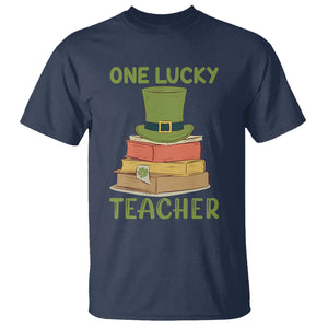 One Lucky Teacher St Patricks Day T Shirt Lepreachaun Hat with Books Reading TS02 Navy Printyourwear
