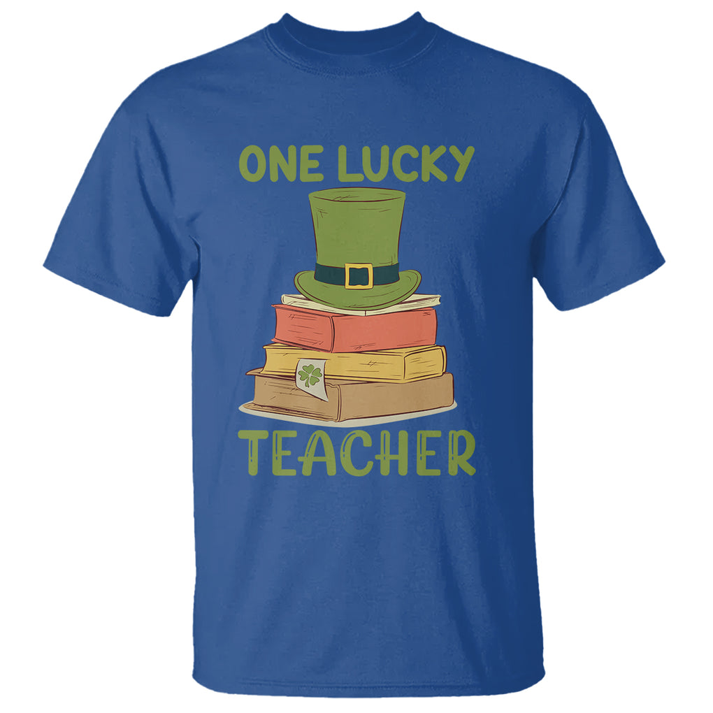 One Lucky Teacher St Patricks Day T Shirt Lepreachaun Hat with Books Reading TS02 Royal Blue Printyourwear