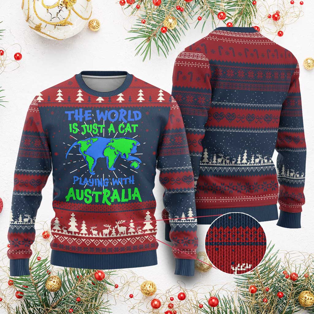 Funny Cat Ugly Christmas Sweater The World Is A Cat Playing With Australia TS02 Burgundy Print Your Wear