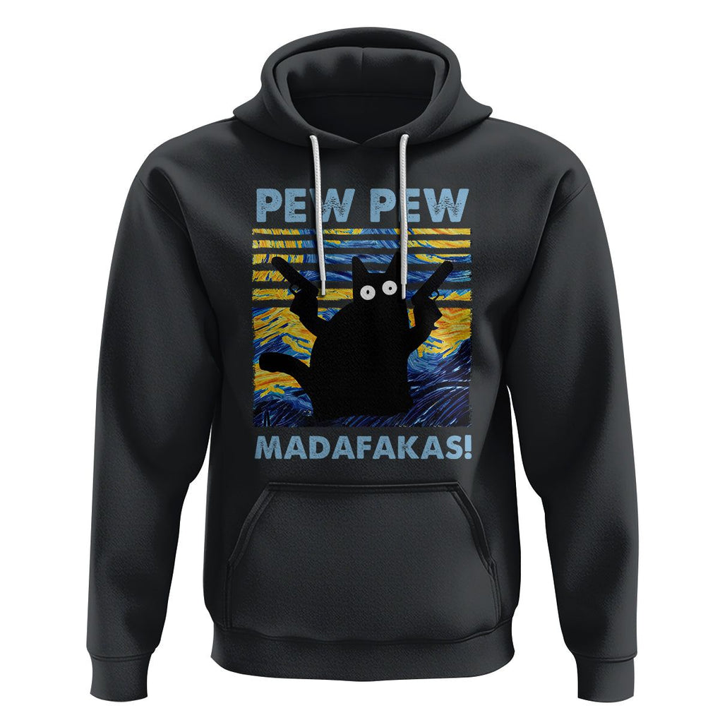 Funny Cat Hoodie Pew Pew Madafakas Retro Vintage Starry Night TS02 Black Printyourwear