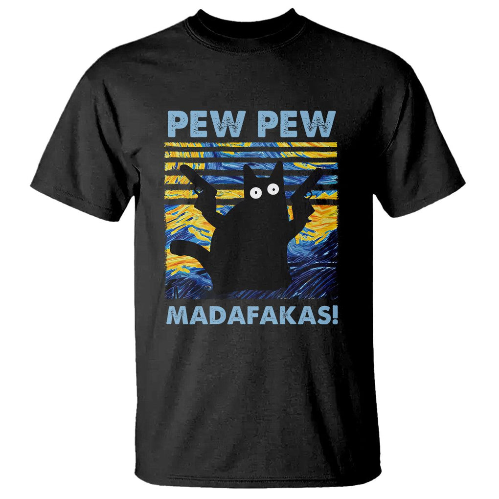 Funny Cat T Shirt Pew Pew Madafakas Retro Vintage Starry Night TS02 Black Printyourwear