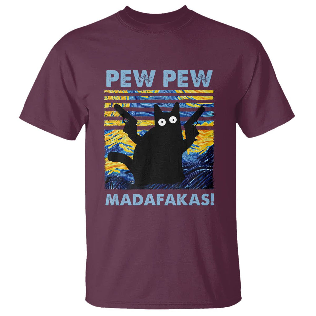 Funny Cat T Shirt Pew Pew Madafakas Retro Vintage Starry Night TS02 Maroon Printyourwear