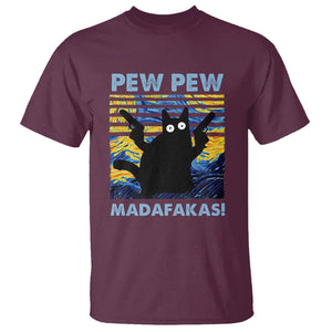 Funny Cat T Shirt Pew Pew Madafakas Retro Vintage Starry Night TS02 Maroon Printyourwear