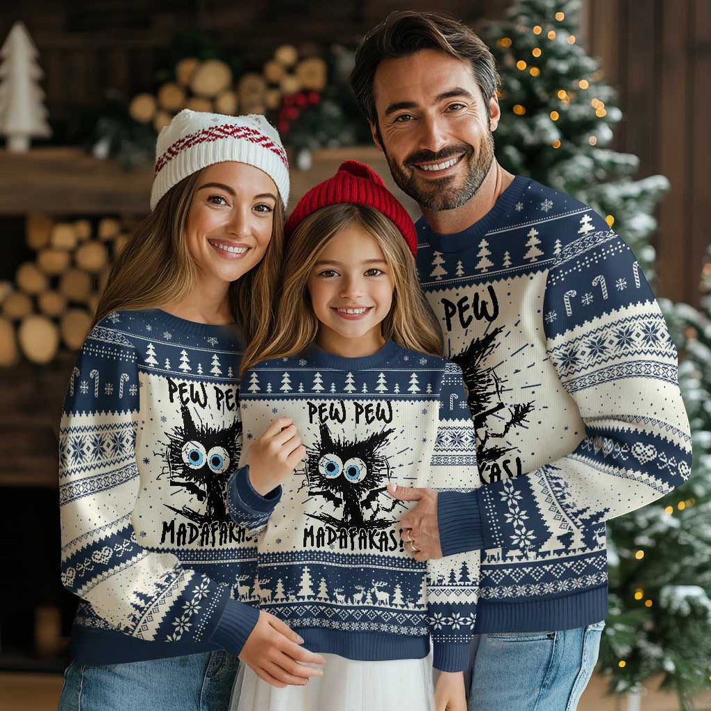 Funny Burnt Cat Ugly Christmas Sweater Pew Pew Madafakas TS02 Navy Print Your Wear