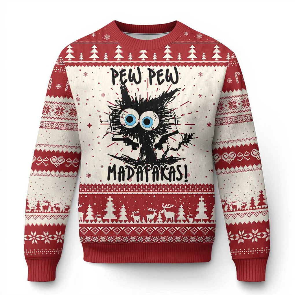 Funny Burnt Cat Ugly Christmas Sweater Pew Pew Madafakas TS02 Red Print Your Wear