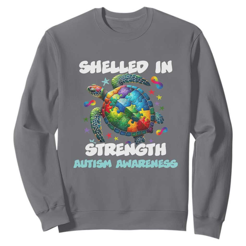 Turtle Autism Acceptance Sweatshirt Shelled In Strength TS02 Charcoal Printyourwear