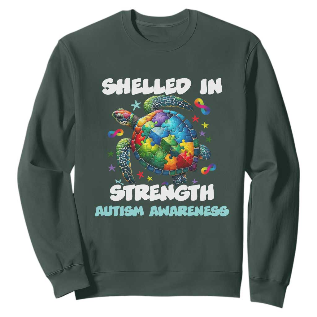 Turtle Autism Acceptance Sweatshirt Shelled In Strength TS02 Dark Forest Green Printyourwear