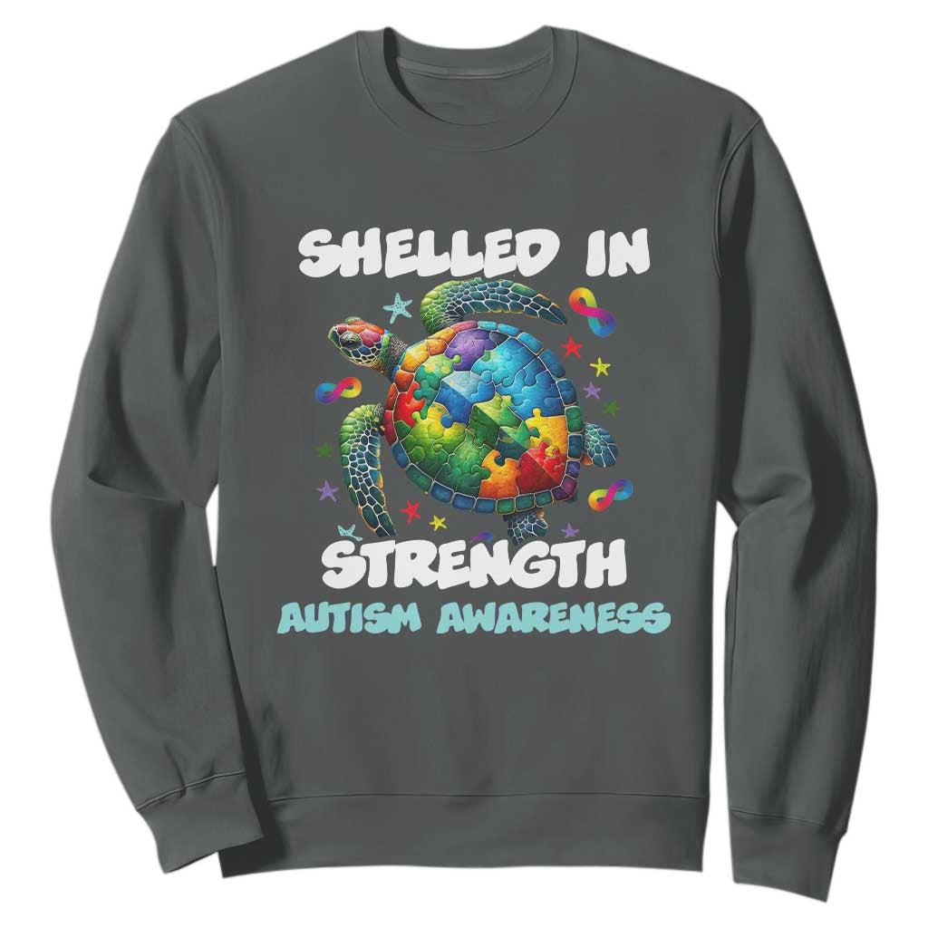 Turtle Autism Acceptance Sweatshirt Shelled In Strength TS02 Dark Heather Printyourwear