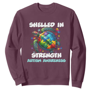 Turtle Autism Acceptance Sweatshirt Shelled In Strength TS02 Maroon Printyourwear