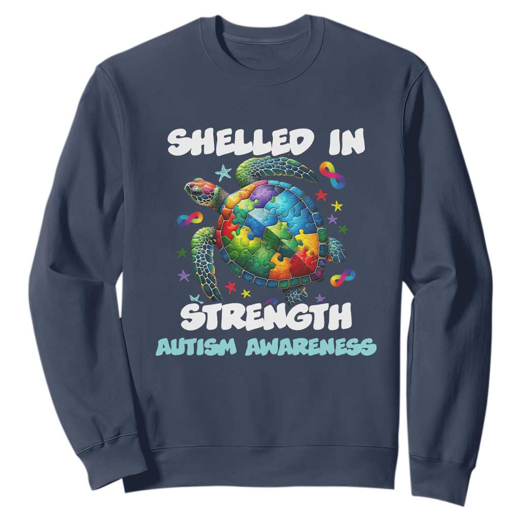Turtle Autism Acceptance Sweatshirt Shelled In Strength TS02 Navy Printyourwear