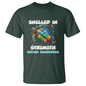 Turtle Autism Acceptance T Shirt Shelled In Strength TS02 Dark Forest Green Printyourwear