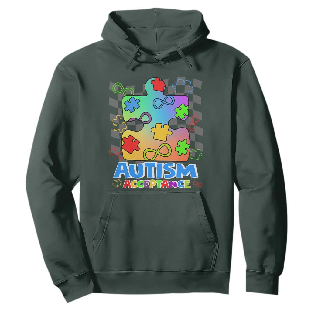 Autism Acceptance Hoodie Retro Groovy Puzzle Piece Spectrum Rainbow Infinity Symbol TS02 Dark Forest Green Printyourwear
