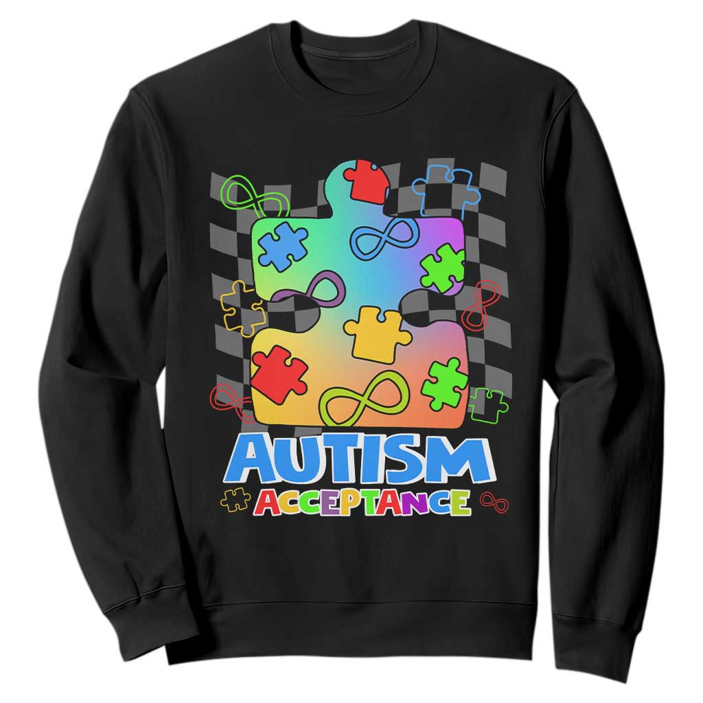 Autism Acceptance Sweatshirt Retro Groovy Puzzle Piece Spectrum Rainbow Infinity Symbol TS02