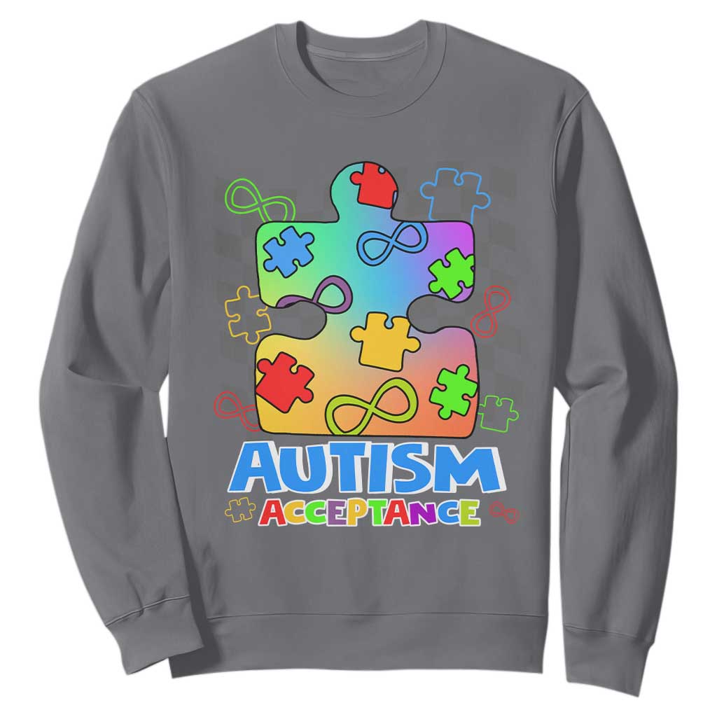 Autism Acceptance Sweatshirt Retro Groovy Puzzle Piece Spectrum Rainbow Infinity Symbol TS02 Charcoal Printyourwear