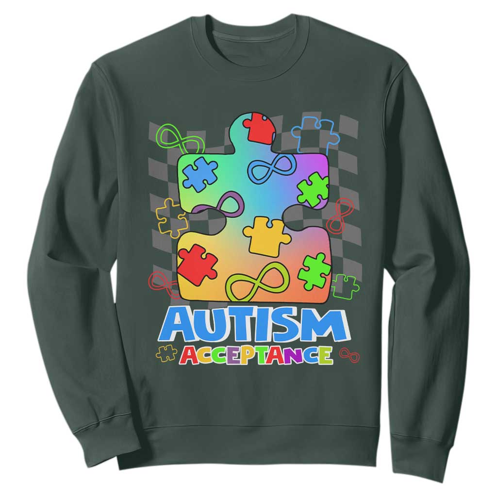 Autism Acceptance Sweatshirt Retro Groovy Puzzle Piece Spectrum Rainbow Infinity Symbol TS02 Dark Forest Green Printyourwear