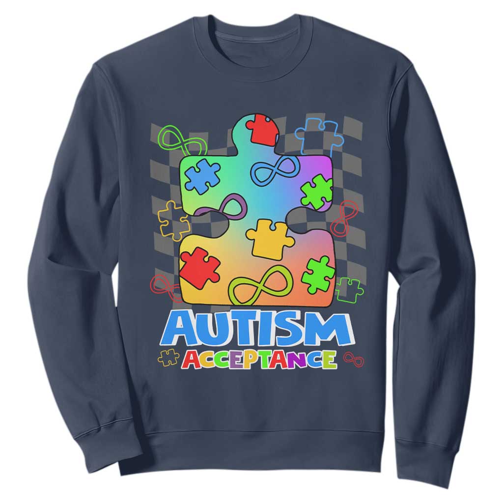 Autism Acceptance Sweatshirt Retro Groovy Puzzle Piece Spectrum Rainbow Infinity Symbol TS02 Navy Printyourwear