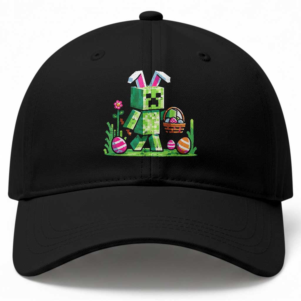 Pixel Easter Bunny Gamer Parody Graphic Baseball Cap Funny Block Style Rabbit with Eggs Basket Gaming Humor Gift TS02 Print Your Wear