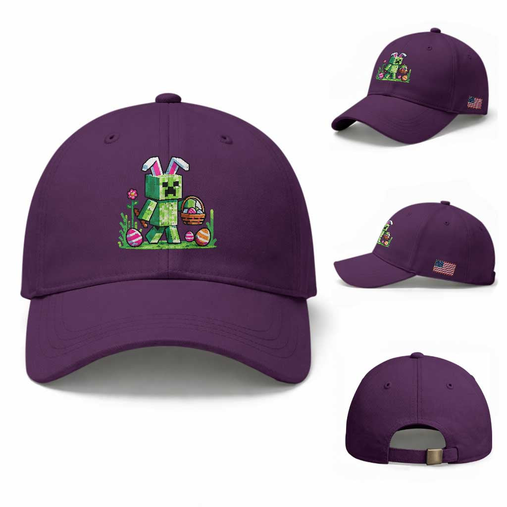 Pixel Easter Bunny Gamer Parody Graphic Baseball Cap Funny Block Style Rabbit with Eggs Basket Gaming Humor Gift TS02 Baseball Cap Universal Fit Purple Print Your Wear