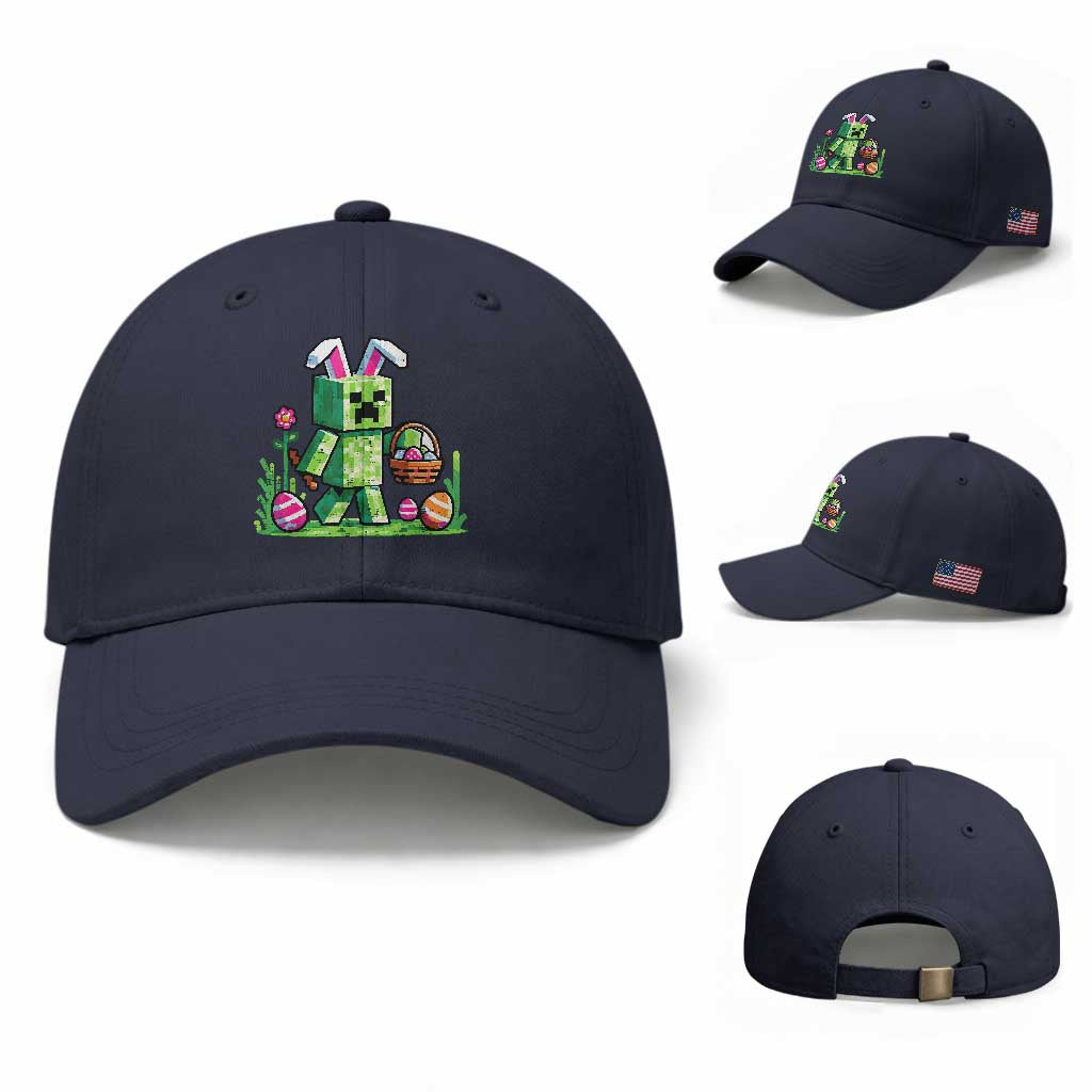 Pixel Easter Bunny Gamer Parody Graphic Baseball Cap Funny Block Style Rabbit with Eggs Basket Gaming Humor Gift TS02 Baseball Cap Universal Fit Navy Print Your Wear