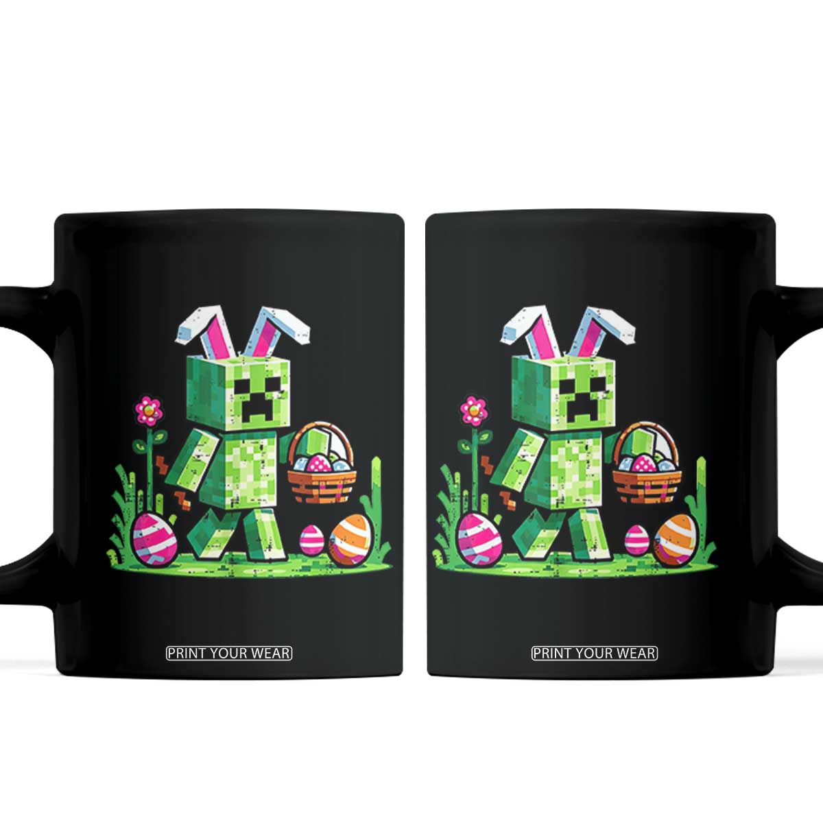Pixel Easter Bunny Gamer Parody Graphic Coffee Mug Funny Block Style Rabbit with Eggs Basket Gaming Humor Gift TS02 Black Print Your Wear