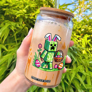 Pixel Easter Bunny Gamer Parody Graphic Glass Can Funny Block Style Rabbit with Eggs Basket Gaming Humor Gift TS02 Black Print Your Wear