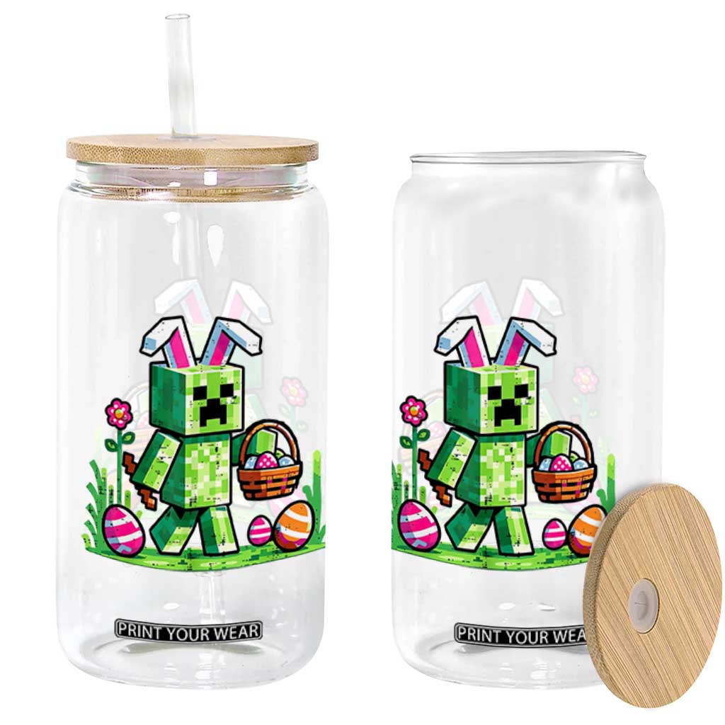 Pixel Easter Bunny Gamer Parody Graphic Glass Can Funny Block Style Rabbit with Eggs Basket Gaming Humor Gift TS02 Print Your Wear
