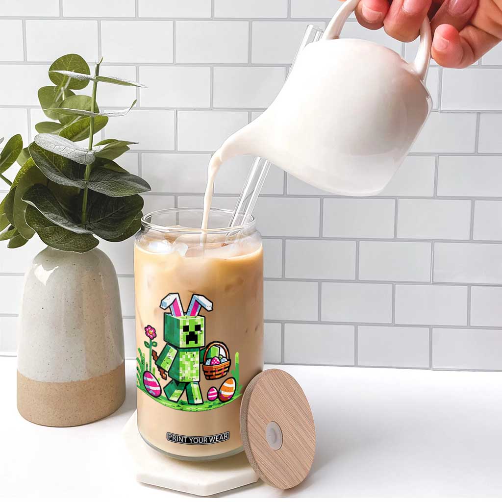 Pixel Easter Bunny Gamer Parody Graphic Glass Can Funny Block Style Rabbit with Eggs Basket Gaming Humor Gift TS02 Print Your Wear