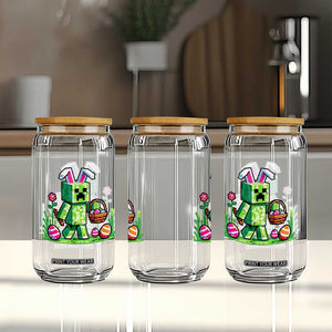Pixel Easter Bunny Gamer Parody Graphic Glass Can Funny Block Style Rabbit with Eggs Basket Gaming Humor Gift TS02 Print Your Wear
