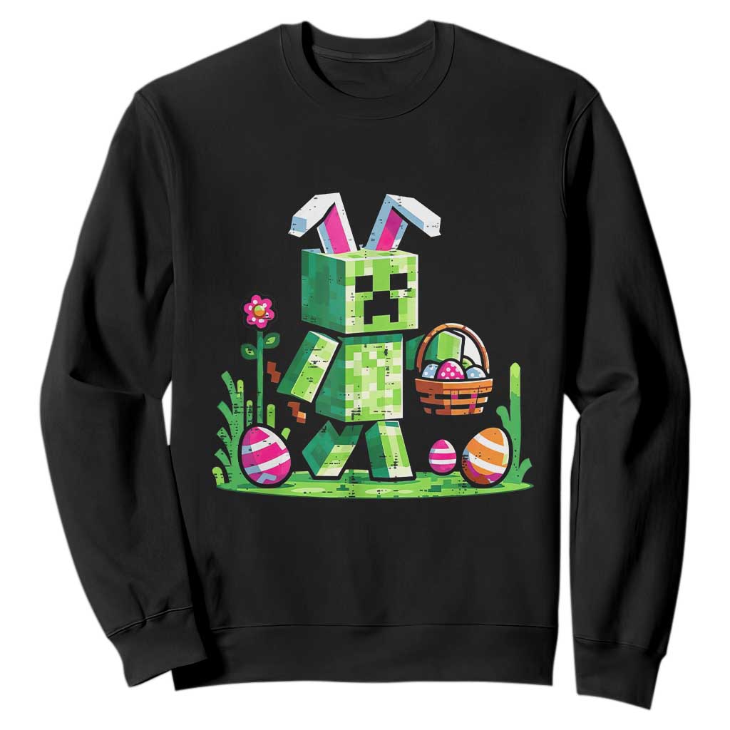 Pixel Easter Bunny Gamer Parody Graphic Sweatshirt Funny Block Style Rabbit with Eggs Basket Gaming Humor Gift TS02 Black Print Your Wear