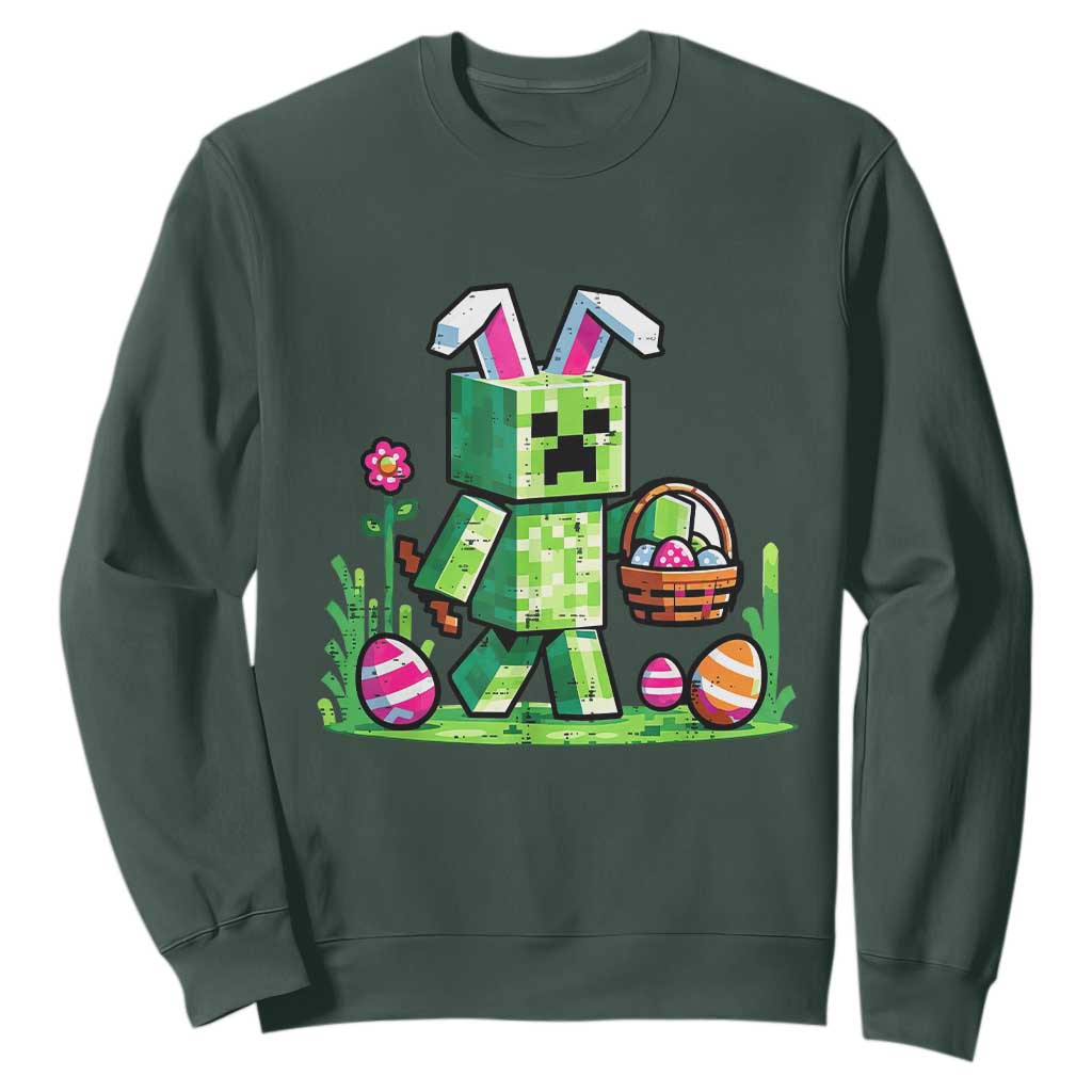 Pixel Easter Bunny Gamer Parody Graphic Sweatshirt Funny Block Style Rabbit with Eggs Basket Gaming Humor Gift TS02 Dark Forest Green Print Your Wear