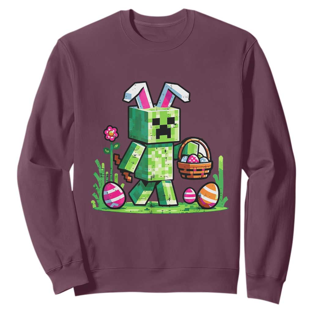 Pixel Easter Bunny Gamer Parody Graphic Sweatshirt Funny Block Style Rabbit with Eggs Basket Gaming Humor Gift TS02 Maroon Print Your Wear