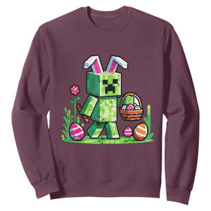 Pixel Easter Bunny Gamer Parody Graphic Sweatshirt Funny Block Style Rabbit with Eggs Basket Gaming Humor Gift TS02 Maroon Print Your Wear