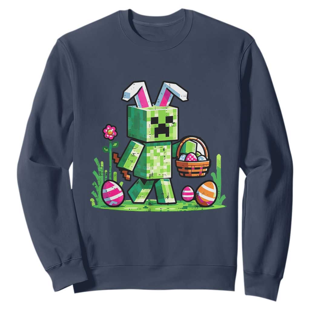 Pixel Easter Bunny Gamer Parody Graphic Sweatshirt Funny Block Style Rabbit with Eggs Basket Gaming Humor Gift TS02 Navy Print Your Wear