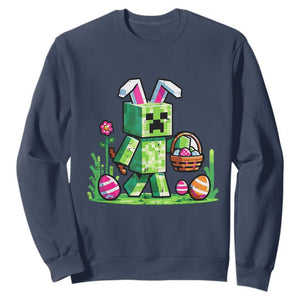 Pixel Easter Bunny Gamer Parody Graphic Sweatshirt Funny Block Style Rabbit with Eggs Basket Gaming Humor Gift TS02 Navy Print Your Wear