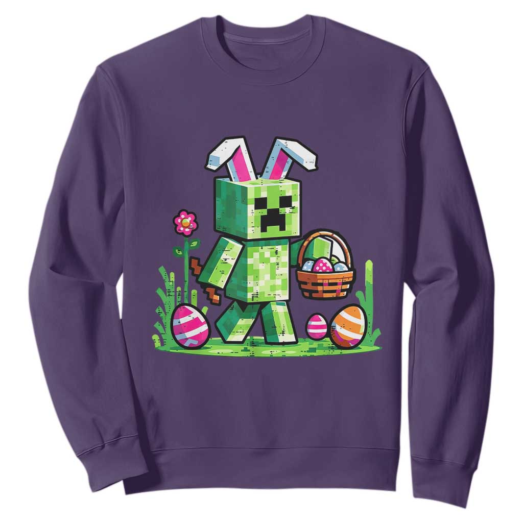 Pixel Easter Bunny Gamer Parody Graphic Sweatshirt Funny Block Style Rabbit with Eggs Basket Gaming Humor Gift TS02 Purple Print Your Wear
