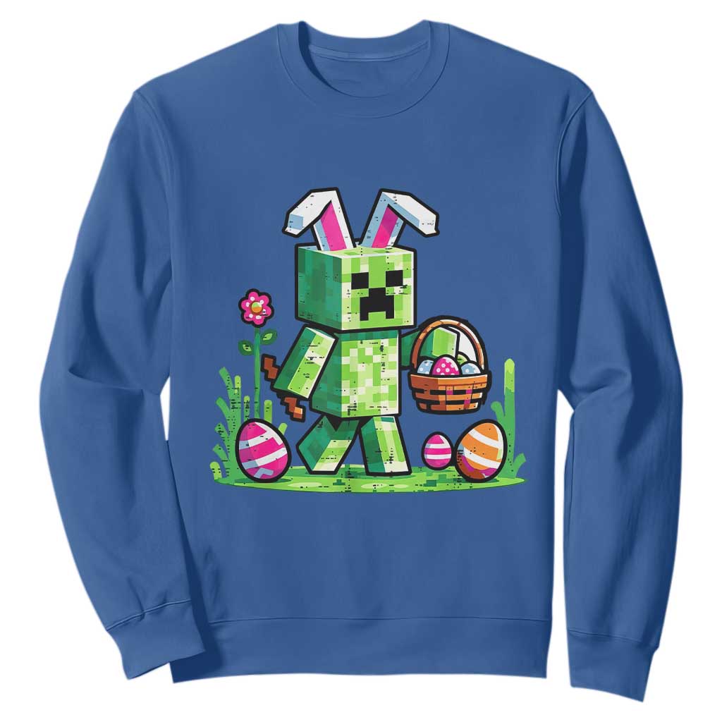 Pixel Easter Bunny Gamer Parody Graphic Sweatshirt Funny Block Style Rabbit with Eggs Basket Gaming Humor Gift TS02 Royal Blue Print Your Wear