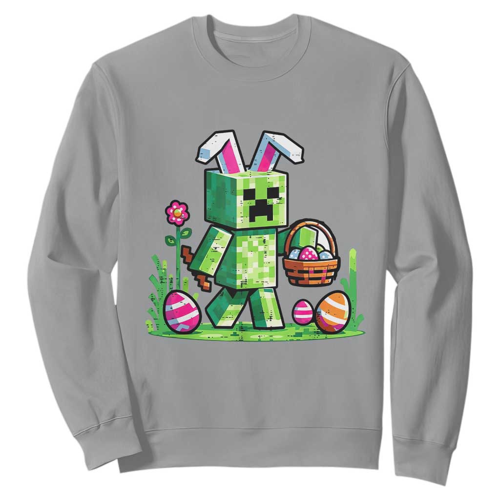 Pixel Easter Bunny Gamer Parody Graphic Sweatshirt Funny Block Style Rabbit with Eggs Basket Gaming Humor Gift TS02 Sport Gray Print Your Wear