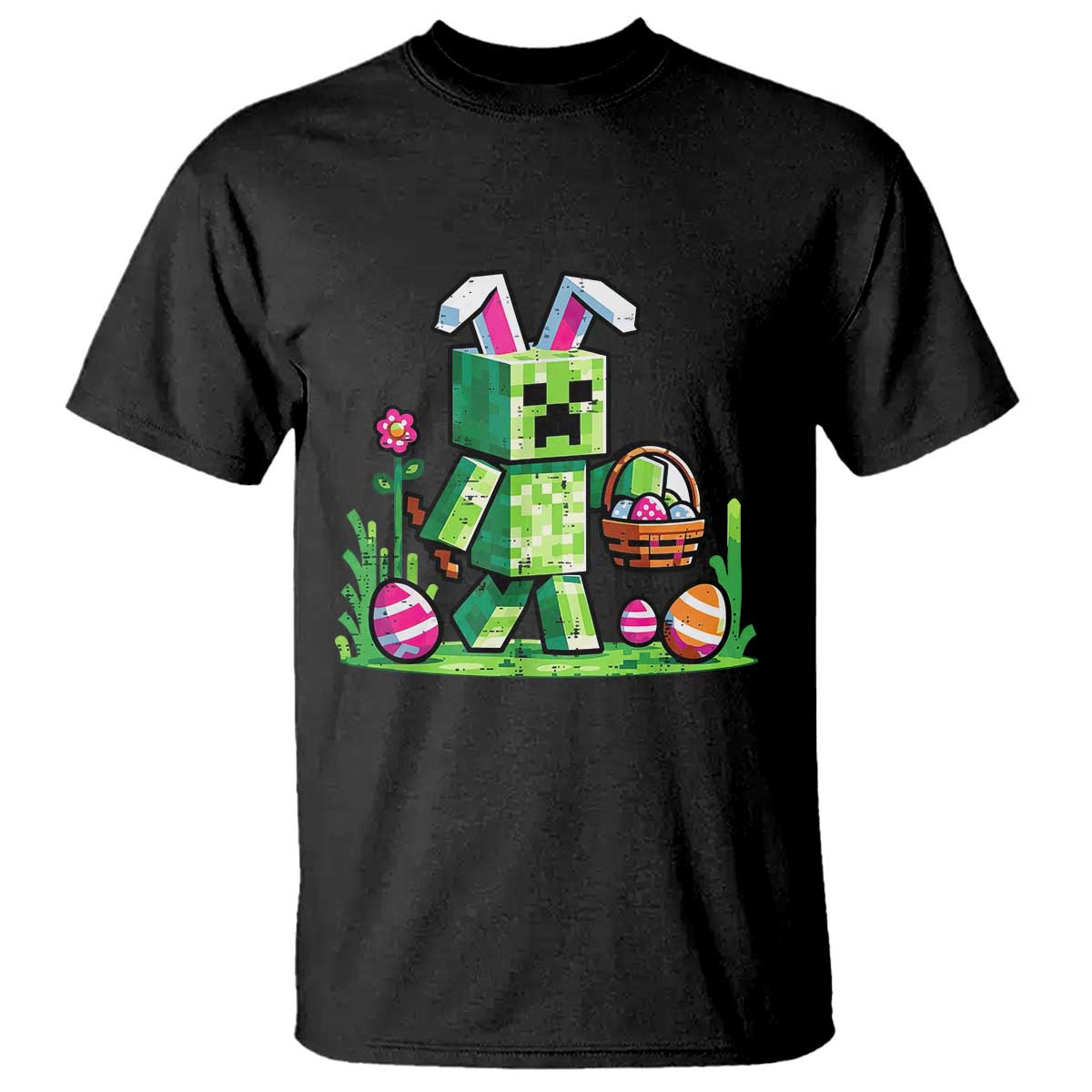Pixel Easter Bunny Gamer Parody Graphic T Shirt Funny Block Style Rabbit with Eggs Basket Gaming Humor Gift TS02 Black Print Your Wear