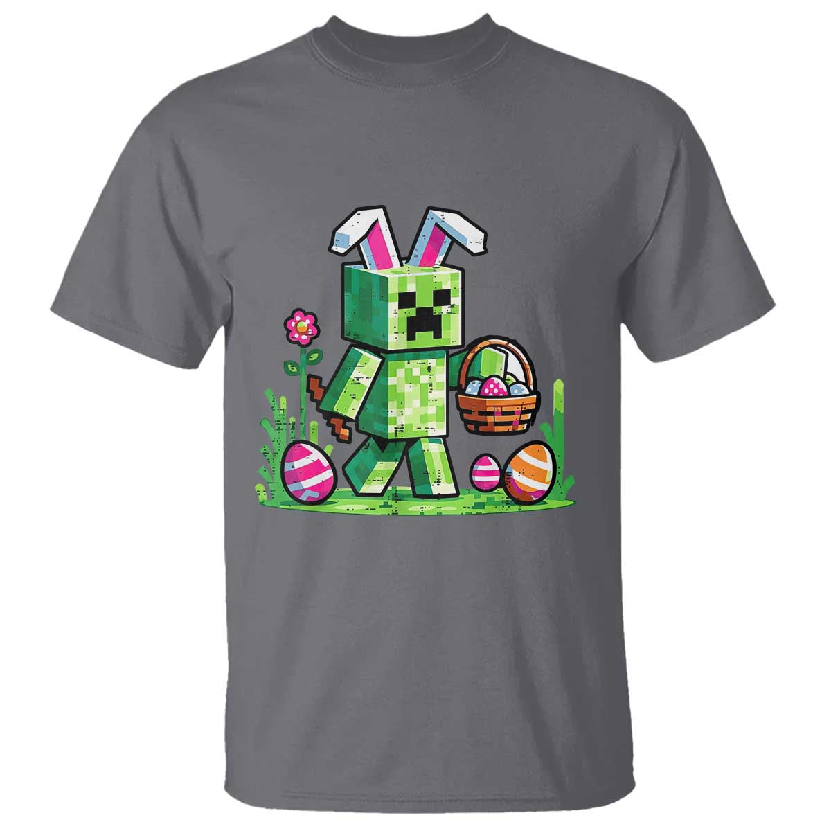 Pixel Easter Bunny Gamer Parody Graphic T Shirt Funny Block Style Rabbit with Eggs Basket Gaming Humor Gift TS02 Charcoal Print Your Wear