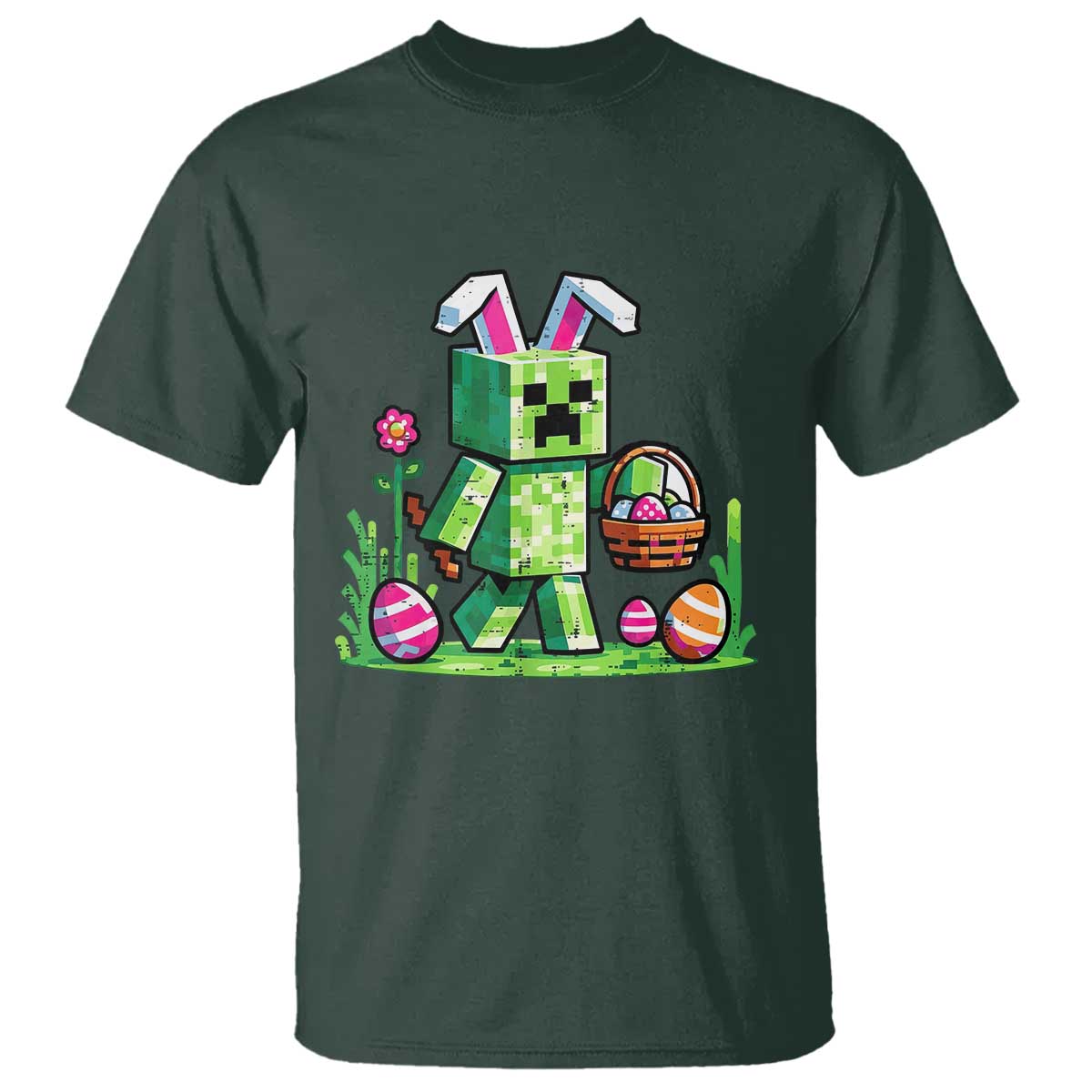 Pixel Easter Bunny Gamer Parody Graphic T Shirt Funny Block Style Rabbit with Eggs Basket Gaming Humor Gift TS02 Dark Forest Green Print Your Wear