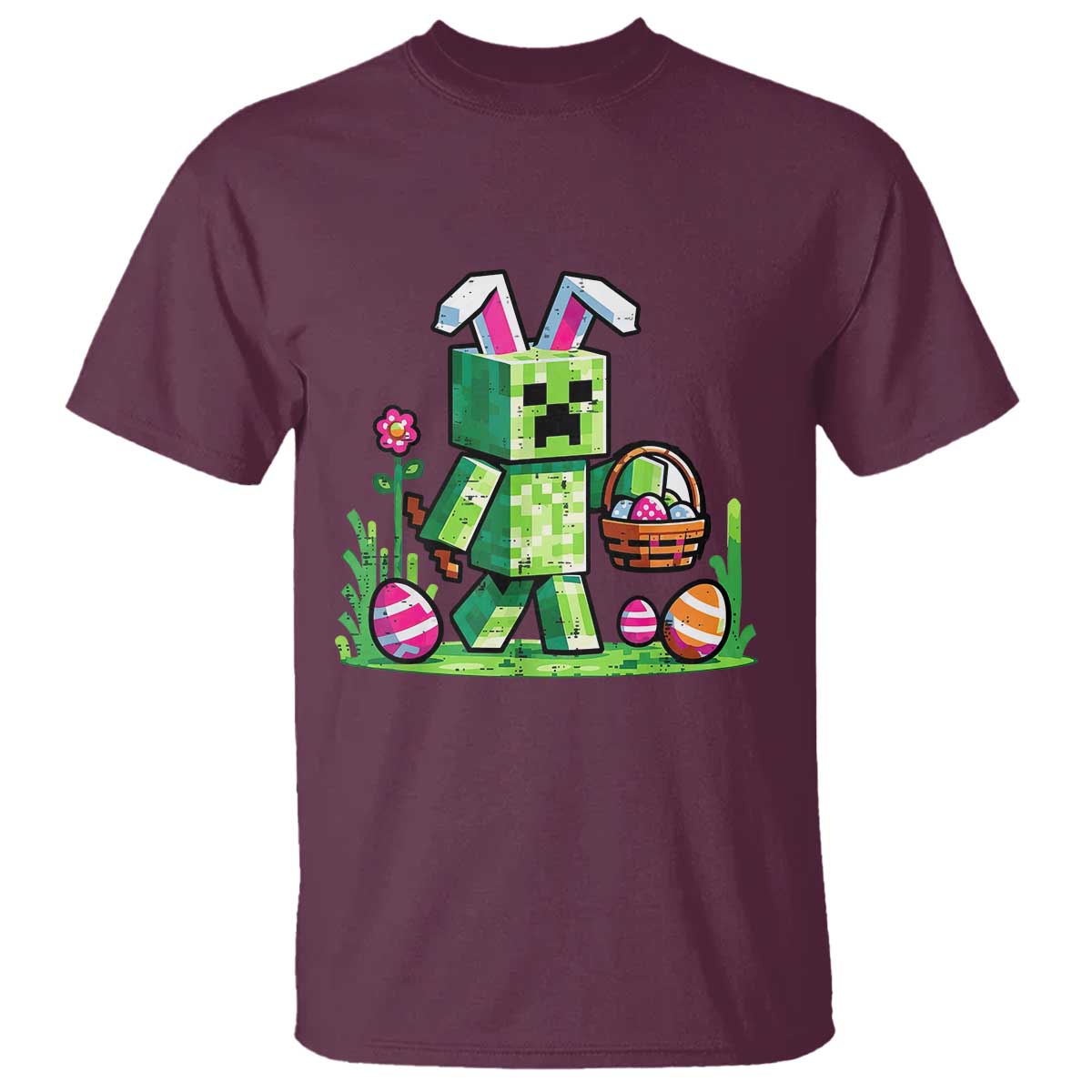 Pixel Easter Bunny Gamer Parody Graphic T Shirt Funny Block Style Rabbit with Eggs Basket Gaming Humor Gift TS02 Maroon Print Your Wear