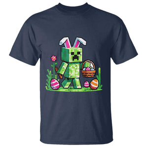 Pixel Easter Bunny Gamer Parody Graphic T Shirt Funny Block Style Rabbit with Eggs Basket Gaming Humor Gift TS02 Navy Print Your Wear