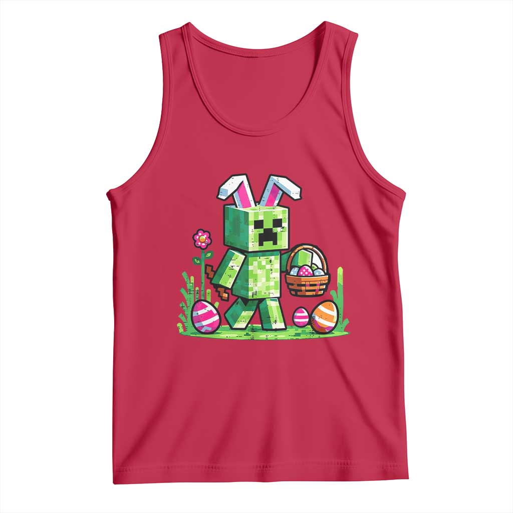 Pixel Easter Bunny Gamer Parody Graphic Tank Top Funny Block Style Rabbit with Eggs Basket Gaming Humor Gift TS02 Red Print Your Wear