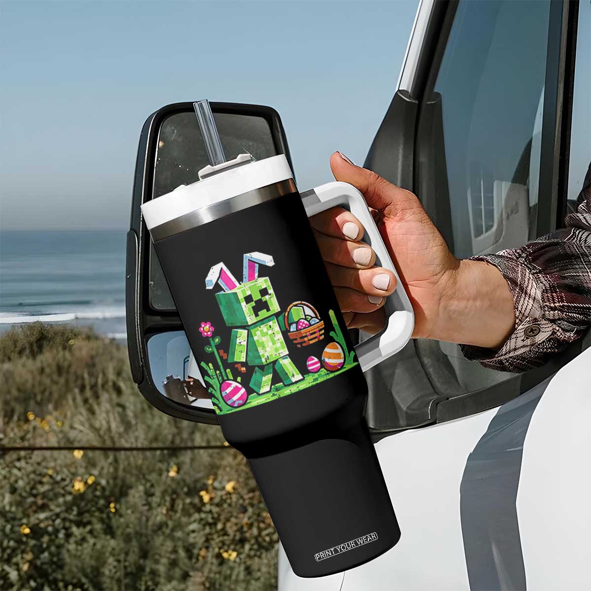 Pixel Easter Bunny Gamer Parody Graphic Tumbler With Handle Funny Block Style Rabbit with Eggs Basket Gaming Humor Gift TS02 Print Your Wear