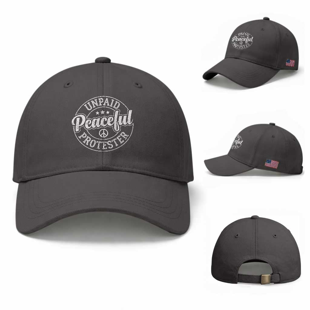 Unpaid Peaceful Protester Vintage Badge Baseball Cap Retro Script Typography Activist TS02 Baseball Cap Universal Fit Dark Gray Print Your Wear