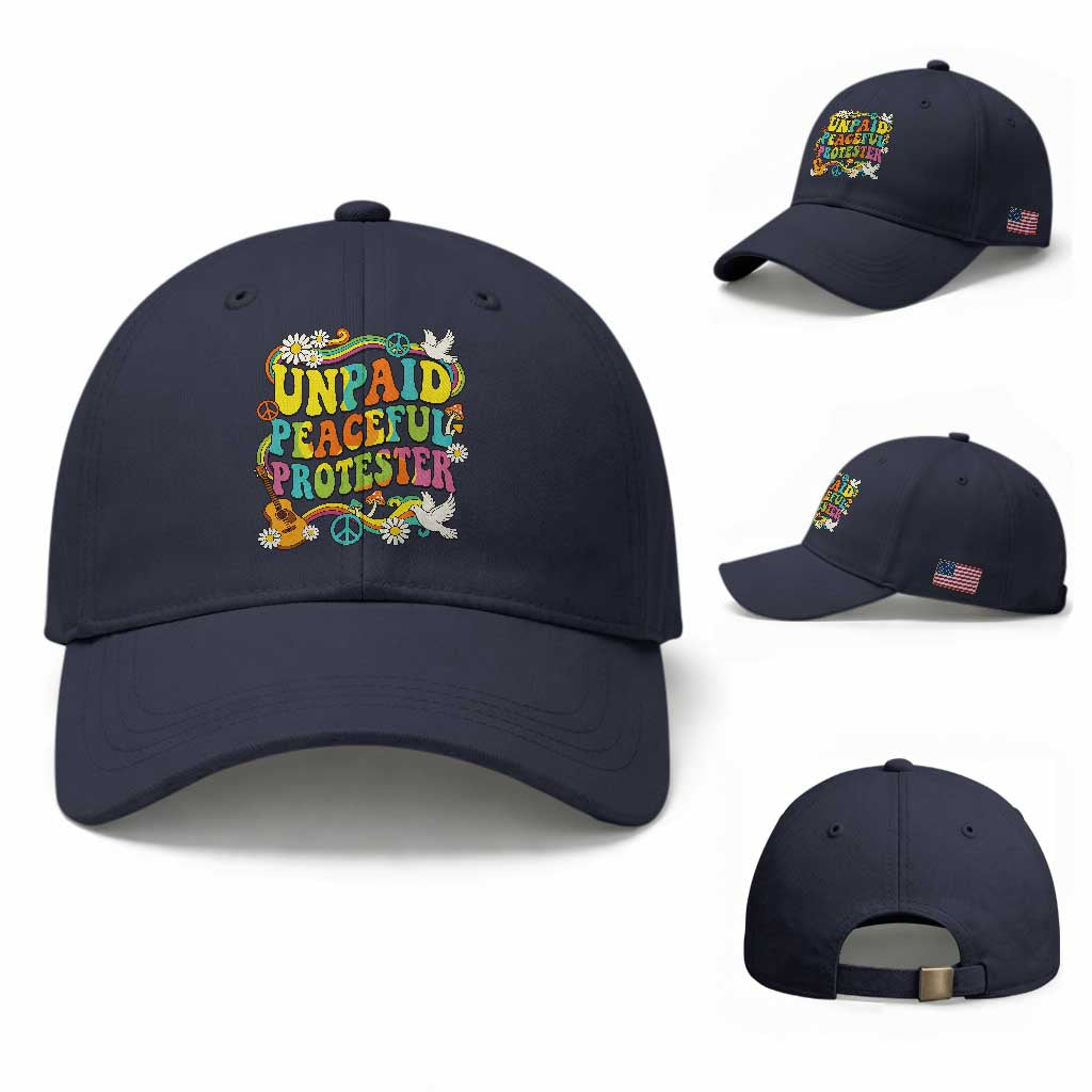 Unpaid Peaceful Protester Retro Hippie Rainbow Baseball Cap Flower Power Peace Activist TS02 Baseball Cap Universal Fit Navy Print Your Wear