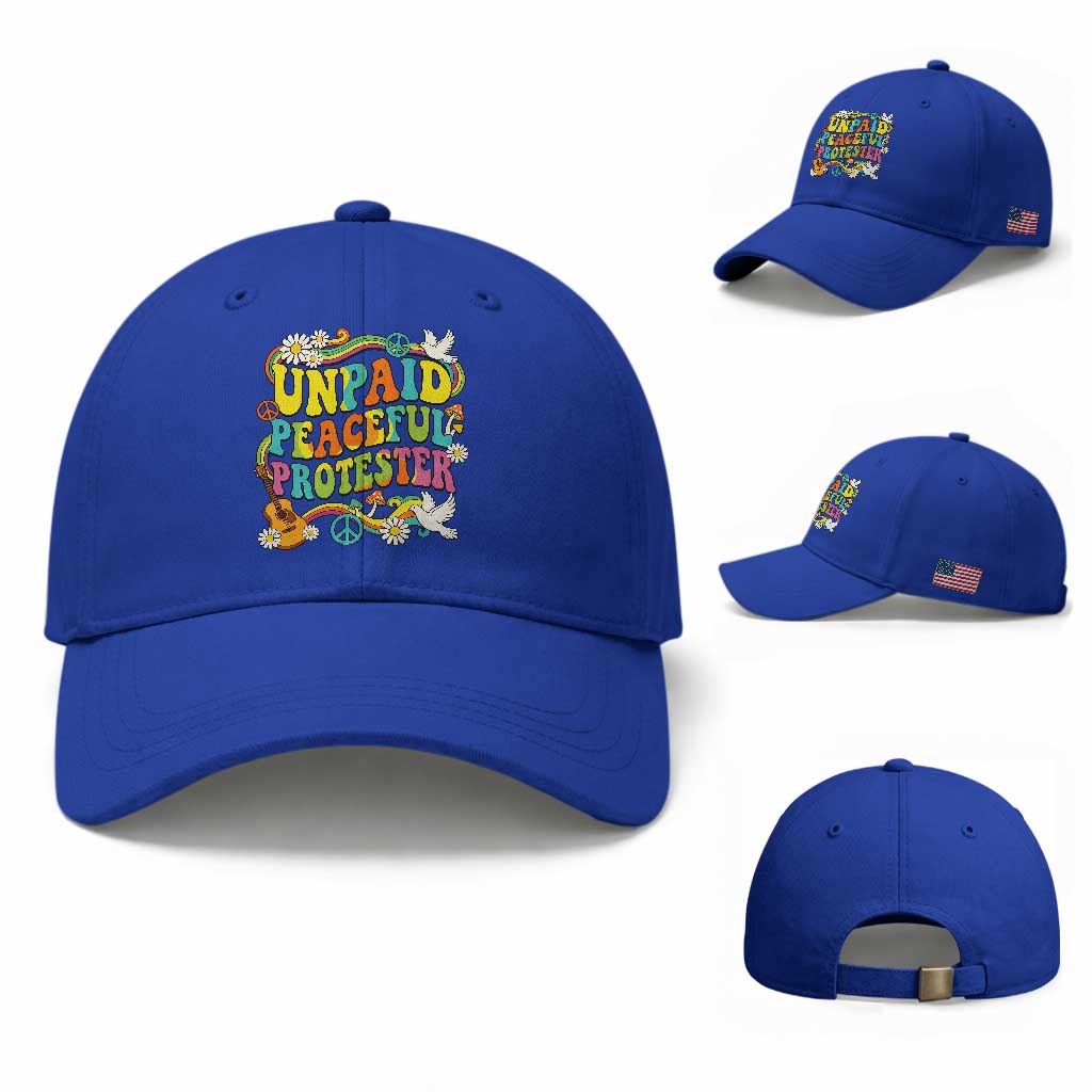 Unpaid Peaceful Protester Retro Hippie Rainbow Baseball Cap Flower Power Peace Activist TS02 Baseball Cap Universal Fit Royal Blue Print Your Wear